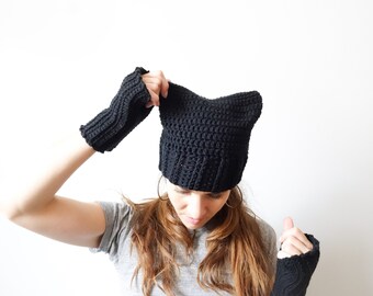 Pussyhat Project Set, Planned Parenthood Donation, Cat Hat Costume, Feminist Gift, Crochet Beanie, Madonna Black Chunky Knit