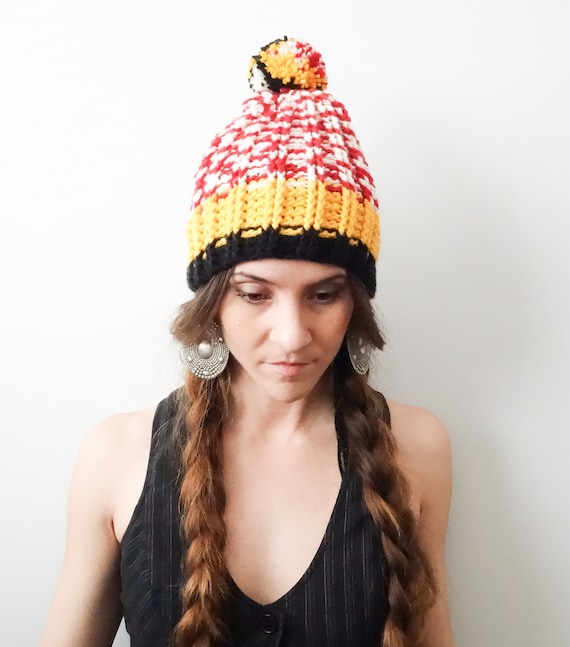 49ers Super Fan Hat, Mens Crochet Beanie, Womens Crochet Hat, Super Bowl Football Season, Acrylic Yarn, Big Beanie with Pom Poms