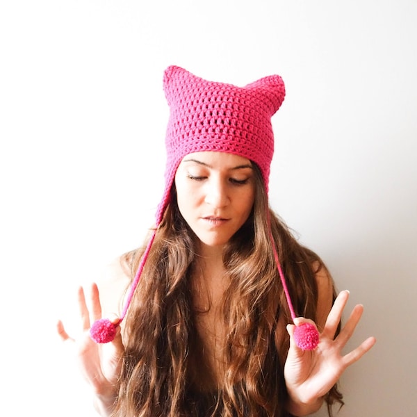 Pink Pussyhat project / Cosplay Pussycat / Planned Parenthood / Runaways / Cat Hat Pattern / Crochet with Earflaps Poms / Cute gift for mom