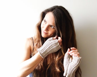 Pale Grey Fingerless Gloves, Arm warmers, Jersey Cotton yarn, Hipster Fashion, Unisex Topless Mittens