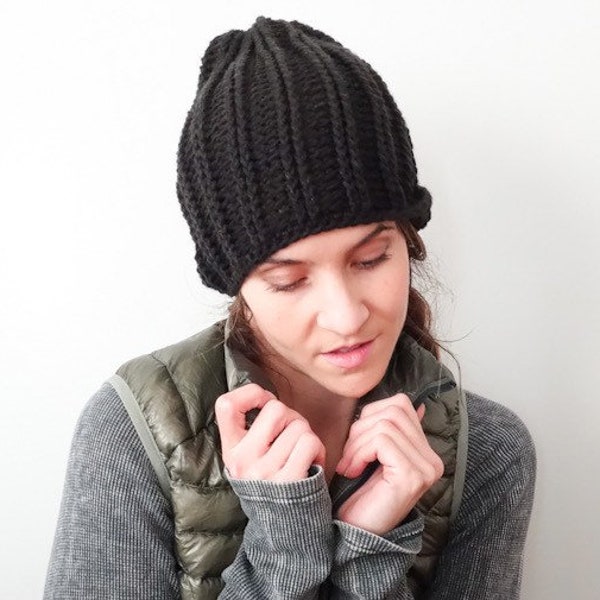 Winter Hiker Hat, Mens Crochet Beanie, Womens crochet hat, Merino wool yarn, Chunky knit black, Slouchie beanie