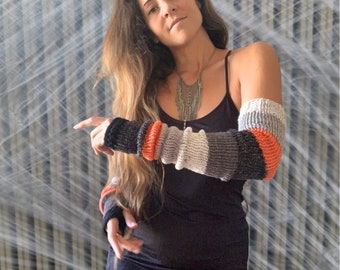 Handmade Knit Super Duper Long Sparkly Halloween Arm Warmers w/ Thumb Holes | Funky Fingerless Gloves Stripes & Stretchy | Halloween Sleeve