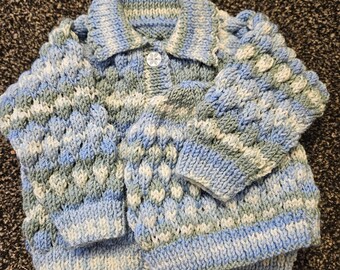 Hand Knitted Baby Jacket and Hat with bumpy design -size 0-3 months- Blue