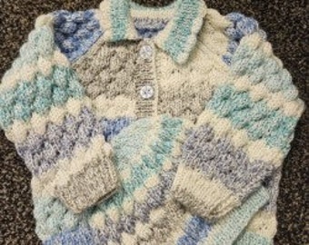 Hand Knitted Baby Jacket and Hat with bumpy design -size 0-3 months- Blue