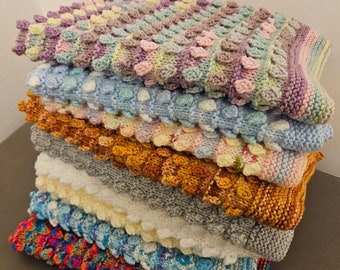 Hand knitted baby pram / car seat blanket with bobbles approx. 46cm x 55cm