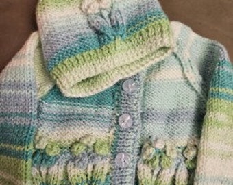 Hand Knitted Baby Cardigan and Hat with flower design -size 0-3 months- Green