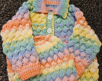 Hand Knitted Baby Jacket and Hat with bumpy design -size 0-3 months- Rainbow