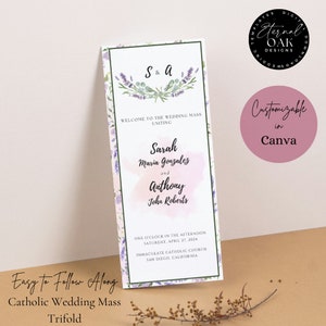 Könnte beinhalten: Ein dreifach gefaltetes Hochzeitsmesseprogramm mit Lavendel-Blumendesign. Das Programm enthält die Namen Sarah Maria Gonzalez und Anthony John Roberts sowie Datum und Ort der Hochzeit. Der Text lautet "Easy to Follow Along" und "Customizable in Canva."