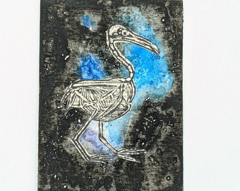 Seagull Skeleton in Space Original Mixed Media ACEO