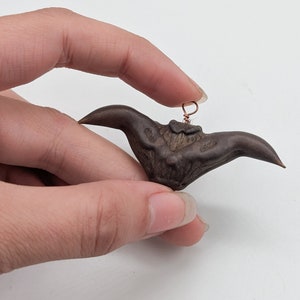 May include: A brown water chestnut with a copper wire loop attached to the top. The chestnut is shaped like a star with four points.