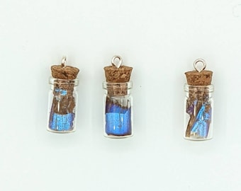 Blue Morpho Butterfly Wing Scrap Tiny Bottle Pendant