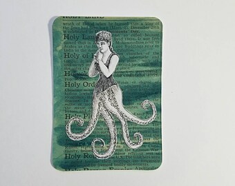 Original Tentacle Girl on Watercolored Text ACEO