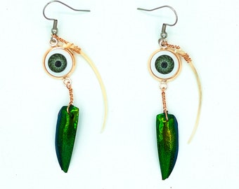 Curio Collection Earrings with  Snake Bones, Doll Eyes, and Jewel Beetle Shells