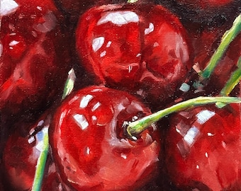 Cherries Original Oil Painting - Hand Painted Fruit Still Life, Kitchen Wall Art, 20 x 20 cm