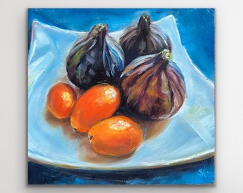 Origineel olieverfschilderij "Vijgen met Kumquats", uniek, dagelijks schilderij, MDF-blok gerecycled 15 x 16 x 1,4 cm met schaduwvoegframe