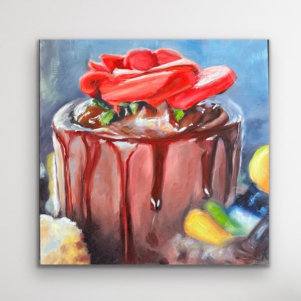 Original oil painting "Colorful Cake", handmade unique piece, Daily Painting, MDF board 20 x 20 x 1.6 cm