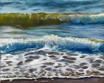 May include: An oil painting depicts ocean waves in shades of blue, green, and white. The artwork captures the movement of the water, with a focus on the cresting waves and the foamy surf. The painting evokes a sense of the sea's power and beauty.