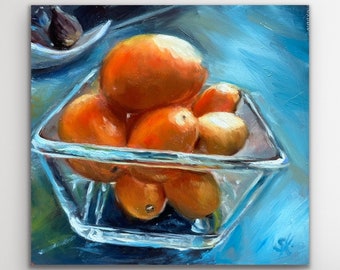 Origineel olieverfschilderij "Kumquats in een glazen kom", uniek, dagelijks schilderij, MDF-blok gerecycled 15 x 16 x 1,4 cm met schaduwvoegframe