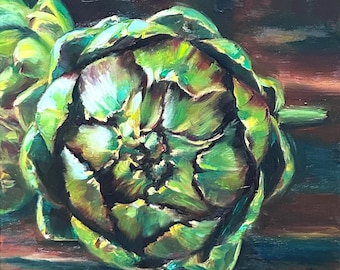 Hand-painted oil painting Green Artichoke – original vegetable still life artwork, kitchen wall art 20 × 20 cm, unique piece