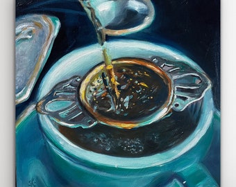 Origineel olieverfschilderij "Its teatime", handgemaakt uniek, dagelijks schilderij, MDF-plaat 20 x 20 x 1,6 cm