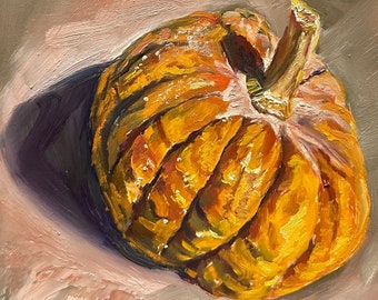 野菜のある静物画、カボチャの油絵、秋の静物画、農家の装飾アート