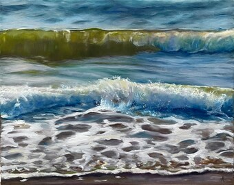 Original Ölbild "Wellen am Meer", handgefertigtes Unikat, Leinwand, 40 x 50 cm mit weiß gekalktem Schattenfugenrahmen