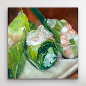Oil painting &quot;Delicious Summer Rolls&quot; - modern painting, hand-painted, original, unique, still life, food, decoration, kitchen, dining room