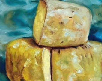 Hand-painted oil painting Cheese Wheel – original cheese still life, wall art for kitchen dining room, unique piece, 20 x 20 cm