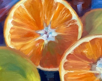 May include: A close-up oil painting of sliced oranges and limes. The oranges are bright orange with white centers and the limes are green. The background is a dark blue and purple.