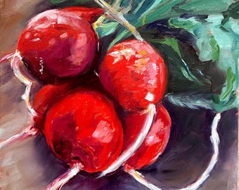 Radish Oil Painting – Original Oil Painting, Vegetable Still Life, Food Art, Kitchen Wall Art, One of a Kind, 15 x 15 cm