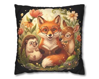 Woodland Fox Hedgehog Deer Reading Pillowcase | Faux Suede Square Pillowcase