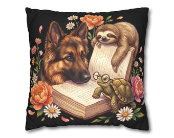 German Shepherd Turtle Sloth Floral Pillowcase | Faux Suede Square Pillowcase