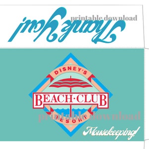 May include: A blue and red logo for Disney's Beach Club Resort with the text "Disney's Beach Club" and a stylized umbrella. The logo is on a light blue background with the text "Printable download Housekeeping" at the bottom.