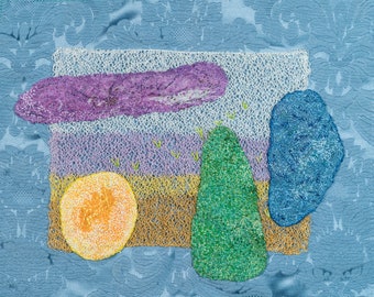 Freesia Season - textile collage - an entirely hand stitched artwork - pastel colours - ooak