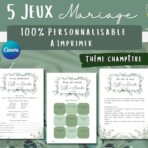 Puede incluir: Cinco juegos de boda imprimibles con un tema floral verde y blanco. Los juegos se titulan "A vos prédictions Estelle & Alexandre 17.07.2004", "Bingo des mariés Estelle & Alexandre 17.07.2004", "Jeu des 12 mois Estelle & Alexandre 17.07.2004" y "Jeu des 12 mois Estelle & Alexandre 17.07.2004".