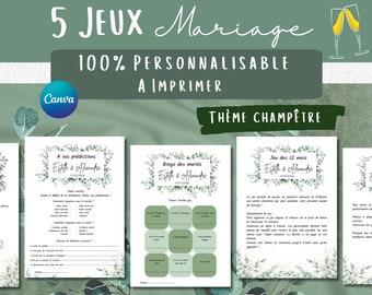 May include: Five printable wedding games with a green and white floral theme. The games are titled "A vos prédictions Estelle & Alexandre 17.07.2004", "Bingo des mariés Estelle & Alexandre 17.07.2004", "Jeu des 12 mois Estelle & Alexandre 17.07.2004", and "Jeu des 12 mois Estelle & Alexandre 17.07.2004".