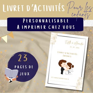Folleto dorado de actividades sobre el matrimonio para niños | Libro de actividades en francés | boda de oro