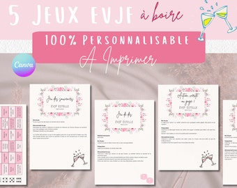 Pack de 5 jeux à boire EVJF rose fleurs 100% personnalisables à imprimer | Jeux en français