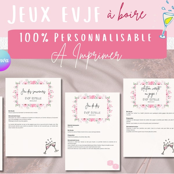 Pack de 5 jeux à boire EVJF rose fleurs 100% personnalisables à imprimer | Jeux en français