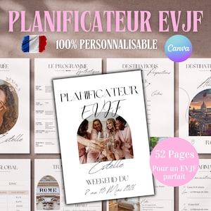 Może przedstawiać: Drukowany planer na wieczór panieński, w różowo-białym kolorze z tekstem "Planificateur EVJF" i "100% Personalisable Canva". Planer zawiera sekcje dla panny młodej, programu, miejsc docelowych i działań. Zawiera również zdjęcie grupy kobiet w kółku, z tekstem "Estelle" i "Weekend du 7 au 10 Mai 2016".