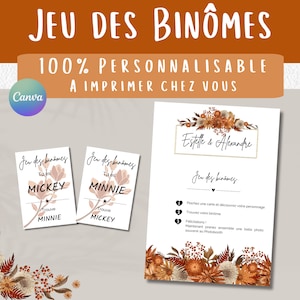Puede incluir: Un juego imprimible para los invitados de la boda, con un diseño floral en colores otoñales. El juego se llama "Jeu des Binomes" e incluye instrucciones para que los invitados encuentren a su pareja.
