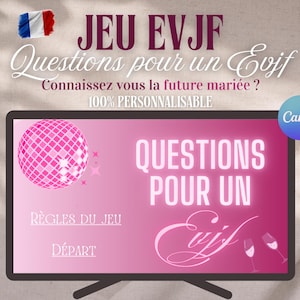 Op de afbeelding: Een roze en wit spelbord met de tekst "JEU EVJF Questions pour un EVJF Connaissez vous la future mariée? 100% PERSONNALISABLE" en "RÈGLES DU JEU DÉPART" en "QUESTIONS POUR UN" in het Frans. Het bord heeft een roze discobal en twee roze glazen op een roze achtergrond.