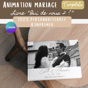 May include: A white photo album featuring a black and white photograph of a couple standing in front of a building. The album is inscribed with the text "Estelle & Alexandre", "21 08 2027" and "Qui de nous deux?" in black.