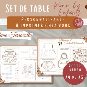 Peut inclure: Feuilles d'activités imprimables sur le thème du mariage pour les enfants. Les feuilles présentent un schéma de couleurs terracotta et comprennent des activités telles qu'une recherche de mots, un labyrinthe et un jeu de points à relier. Le texte sur la feuille indique "Mariage d'Estelle & Alexandre" et "A4 ou A3".