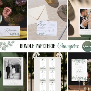 Peut inclure: Ensemble de papeterie de mariage, comprenant des cartons de table, des cartons RSVP et des décorations de table. Les motifs présentent des illustrations botaniques et une typographie élégante. Le texte "BUNDLE PAPETERIE Champêtre Canva" est visible.