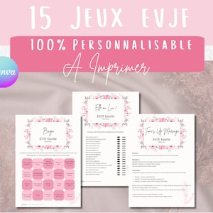 Confezione da 15 giochi EVJF con fiori rosa personalizzabili al 100% da stampare | Giochi in francese