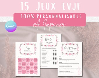 Pack de 15 jeux EVJF rose fleurs 100% personnalisables à imprimer | Jeux en français