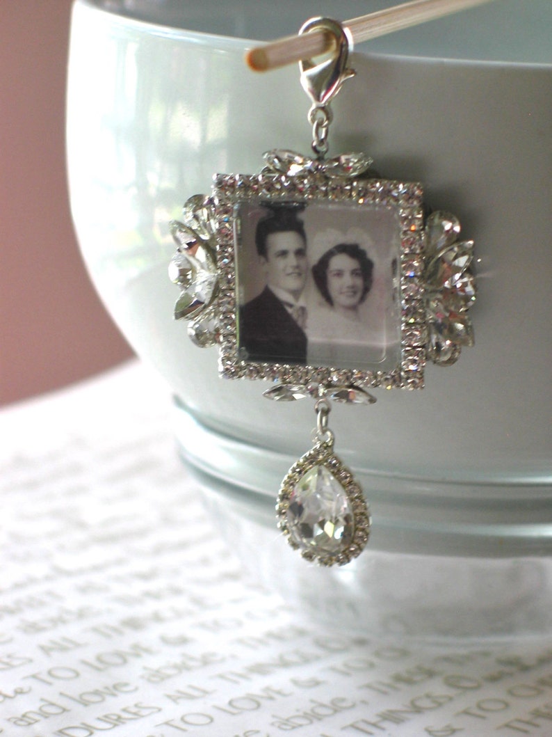 Memory Wedding Bouquet Photo Charm, Bridal Bouquet Charm, Swarovski Crystal Memory Photo Charm image 1