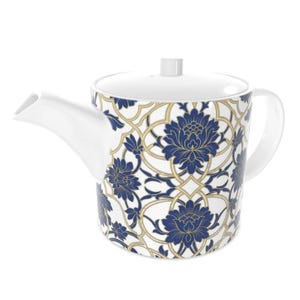 Elegante bule de chá em porcelana fina azul e dourada para amantes de chá.