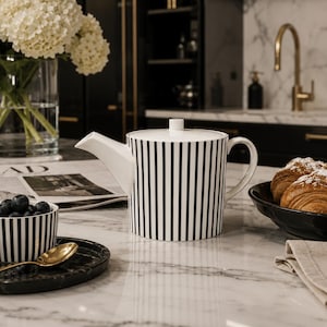 Elegant Noir Black & White Stripe Bone China Tea Pot